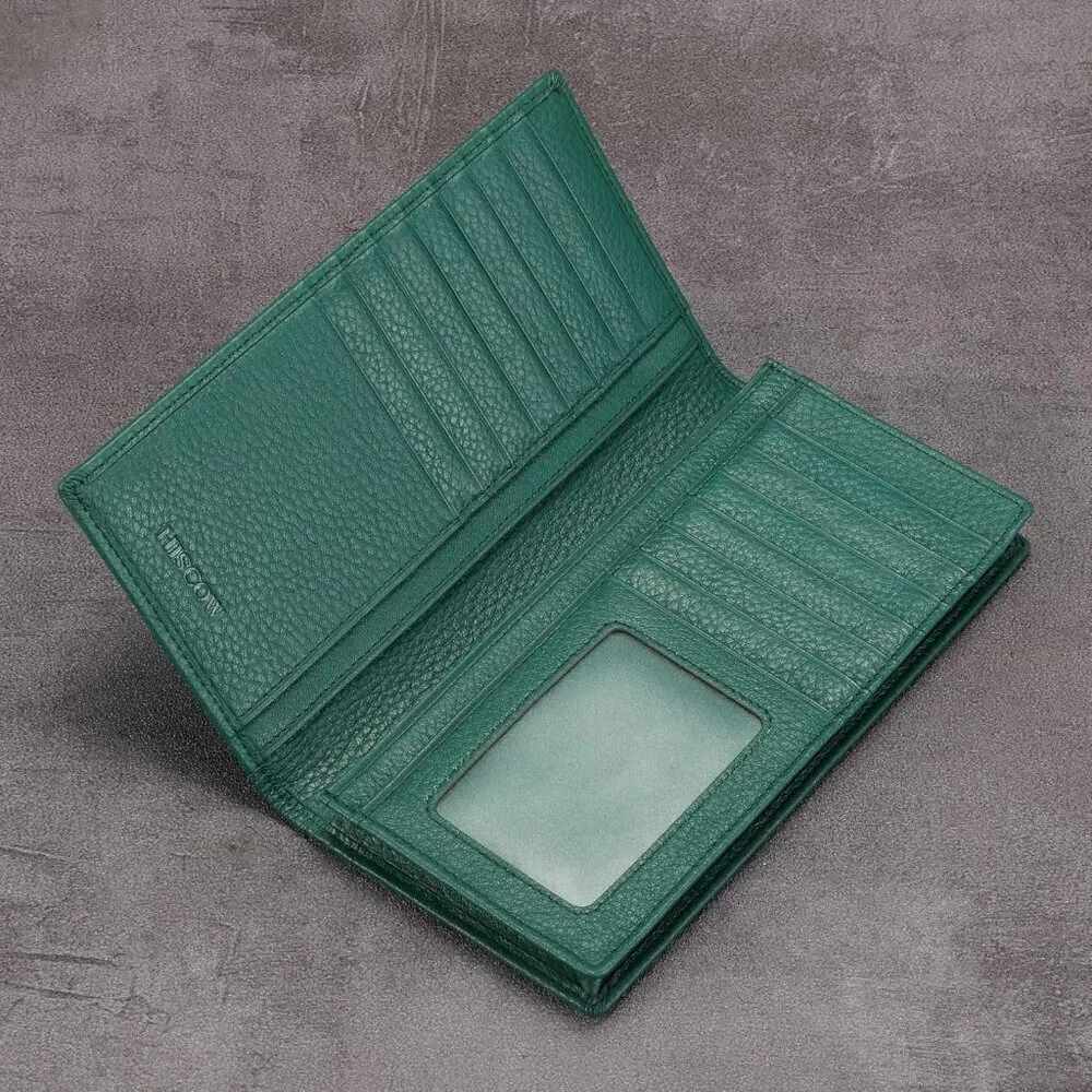 Men's Dark Green Full Grain Leather Long Bifold Wallet Credit Card Slots Style